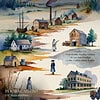 1-2-1.png A scenic pointillism art landscape with charming houses by the water, featuring a couple walking along the shoreline during sunset.