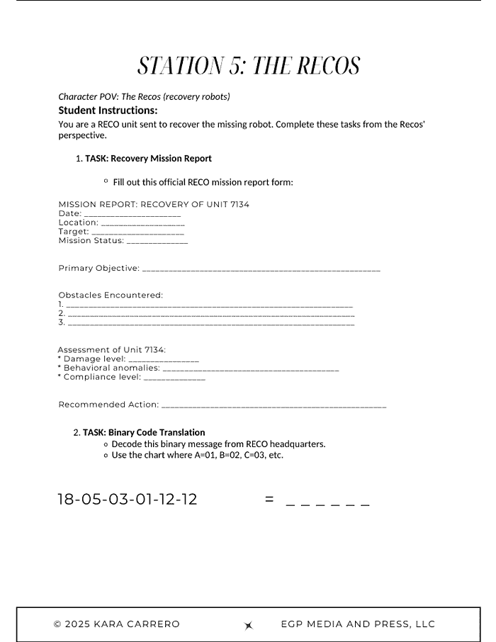 1-the-wild-robot-escape-room.pdf.zip-11.png RECO unit recovery robot activity sheet for homeschool, includes mission report and binary code translation tasks for homeschool resources and educational curriculum.