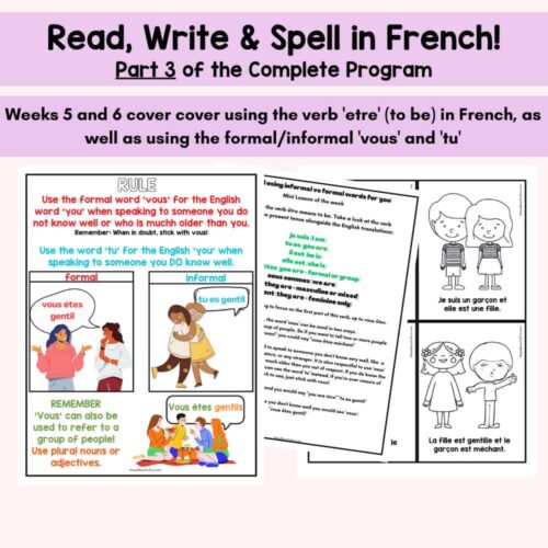 130 French language homeschooling resources for teaching read, write, and spell in French, focusing on verb 'être,' formal/informal 'vous' and 'tu,' including lesson plans and visual aids for effective language learning.