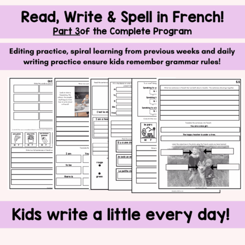 1. French language learning activities for kids, including reading, writing, spelling practice, and grammar rules, ideal for homeschooling and language education.