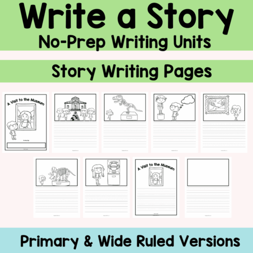 144 Colorful homeschool writing resources for no-prep story writing pages, museum visit themes, and primary & wide ruled versions for elementary homeschool curriculum.