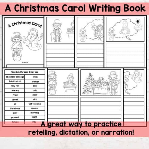 A Christmas Carol writing activity worksheet for homeschoolers, ideal for practicing retelling, dictation, or narration with engaging illustrations and vocabulary building exercises.