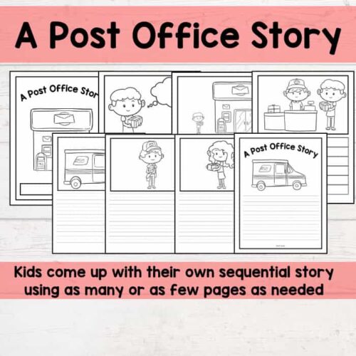 Kids homeschool story activity printable featuring a post office theme for creative storytelling and writing practice. Educational resource for homeschoolers to develop sequencing skills.