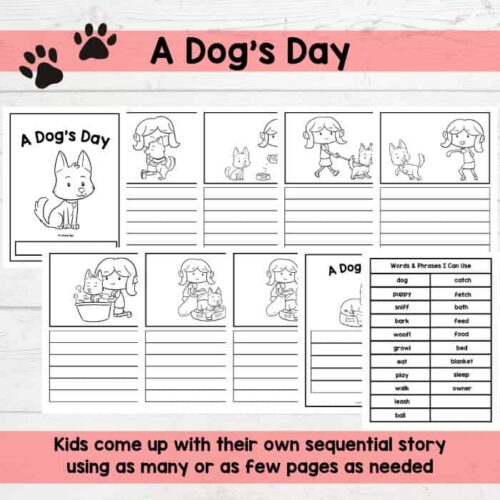 Dog activity worksheet for homeschool, educational kids' resource, teaching sequencing and vocabulary with fun dog-themed stories and fill-in-the-blank exercises for children learning at home.