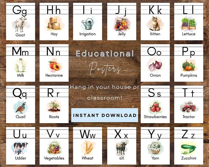 3 Farm ABC Poster Set, Printable Alphabet Signs