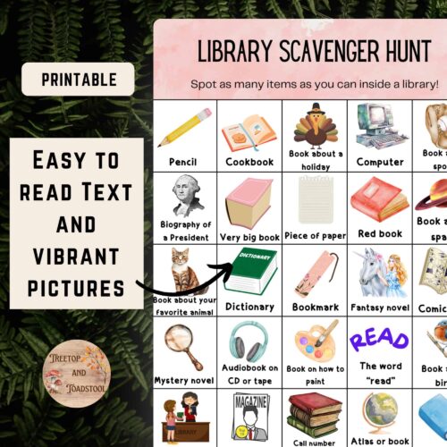 3 1. Library scavenger hunt printable for homeschooling, engaging children with picture-based items inside a library to boost reading and learning.