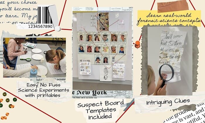 3 1. Engaging homeschool science experiments for kids, including printable templates and suspect board activities to enhance forensic science knowledge.
