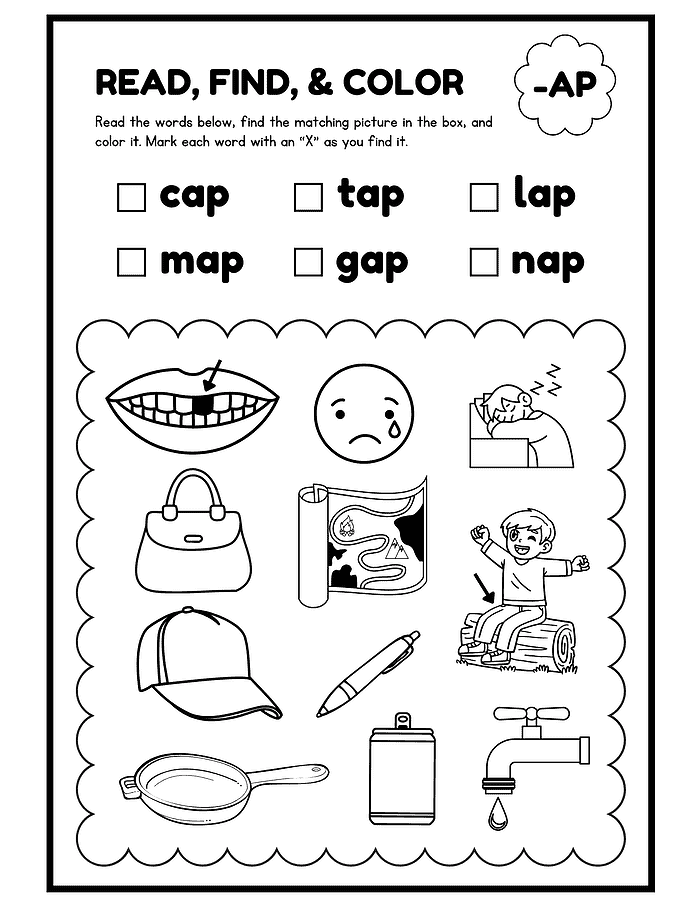 31 Wording matching activity emphasizing words ending with -ap, designed for early reading and phonics practice for homeschool learning.