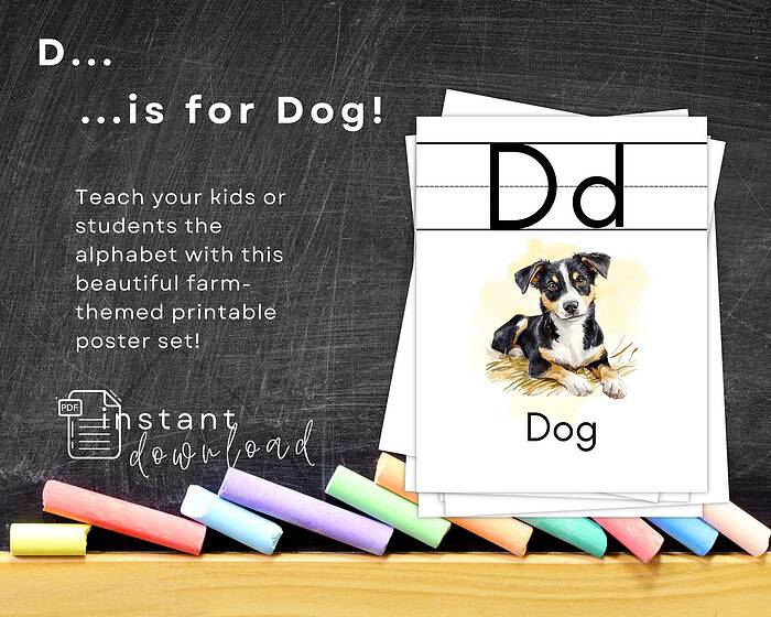 4 Acronym for Dog, printable alphabet poster, farm-themed pet illustration, homeschool learning resource, educational poster for kids, printable teaching material, alphabet development, homeschooling supplies, pet education tools, children’s classroom decor.