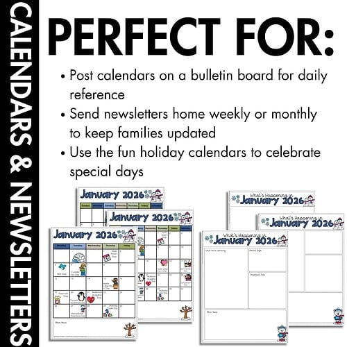 Editable January Calendars & Classroom Newsletters Grades K–2 4 Editable January Calendars & Classroom Newsletters Grades K–2 sampling of what is included