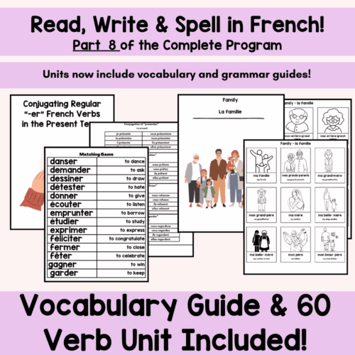 fsl French vocabulary and grammar guides for homeschooling, including conjugation, family terms, and verb units, perfect for teaching French language skills to homeschool students.
