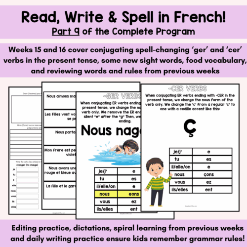 fsl Conjugating French verb focus, spelling, reading, writing, and daily practice for homeschoolers, homeschool resource, French grammar lessons, vocabulary review, spelling and conjugation exercises.
