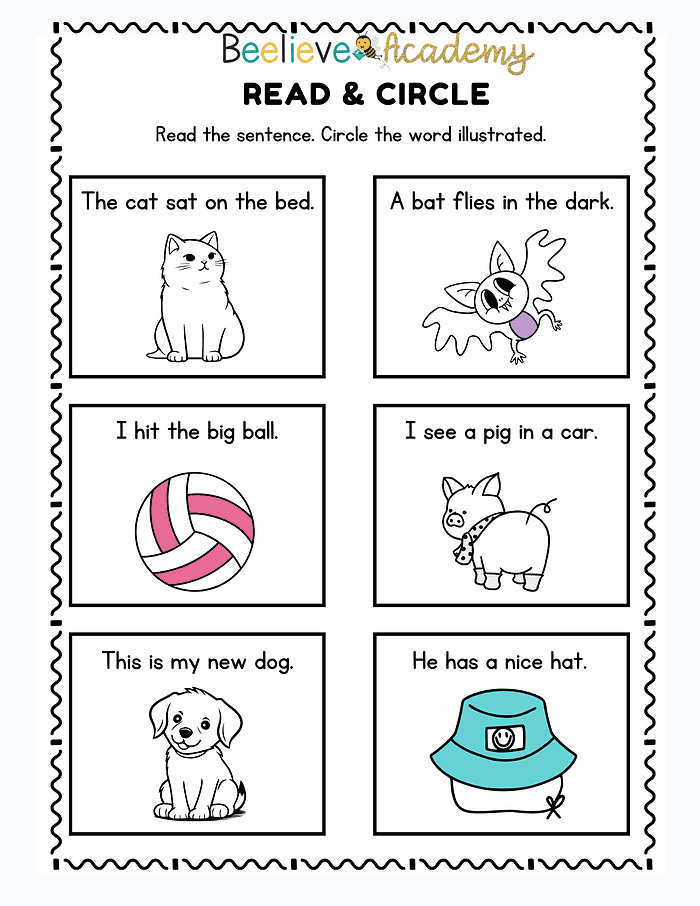 43 Cat sitting on bed, dark flying bat, colorful bouncing ball, pig in car, puppy dog, child’s blue hat with smiley face, homeschooling, early learning, educational resources, kids reading activities, preschool literacy, homeschool curriculum.