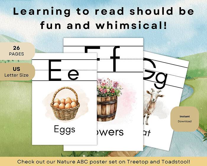 5 Farm ABC Poster Set, Printable Alphabet Signs
