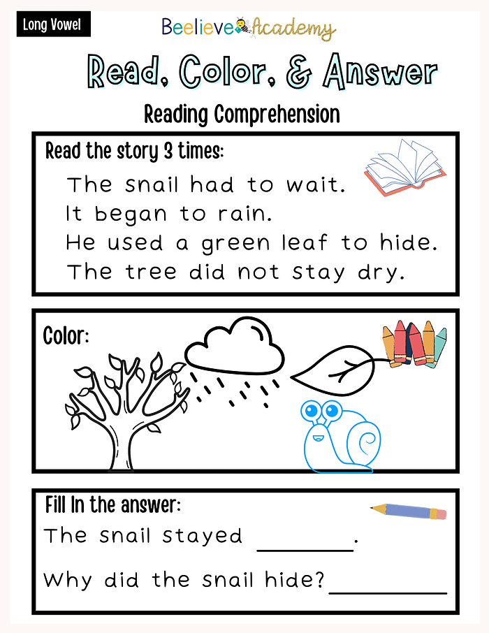 67 Snail drawing coloring worksheet for preschool and kindergarten reading comprehension, educational printable activity for early learners, homeschool resources for reading skills.