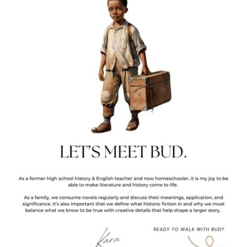 1. Young boy in vintage clothing holding a suitcase with education and homeschooling themes, promoting Homeschool Resource Co.