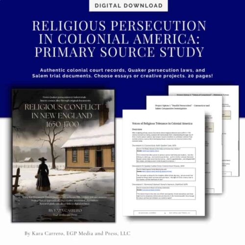 Religious persecution colonial America primary source study digital download for homeschool history curriculum and American colonial era education resources.