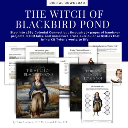 A girl in historical attire from "The Witch of Blackbird Pond" surrounded by educational pages and resources for homeschool learning.