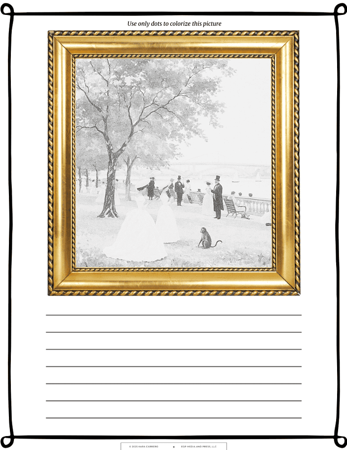 8-1.png A black and white vintage scene of elegantly dressed people and a dog by the river, framed with ornate gold, perfect for homeschooling art history, historical lessons, and creative learning.