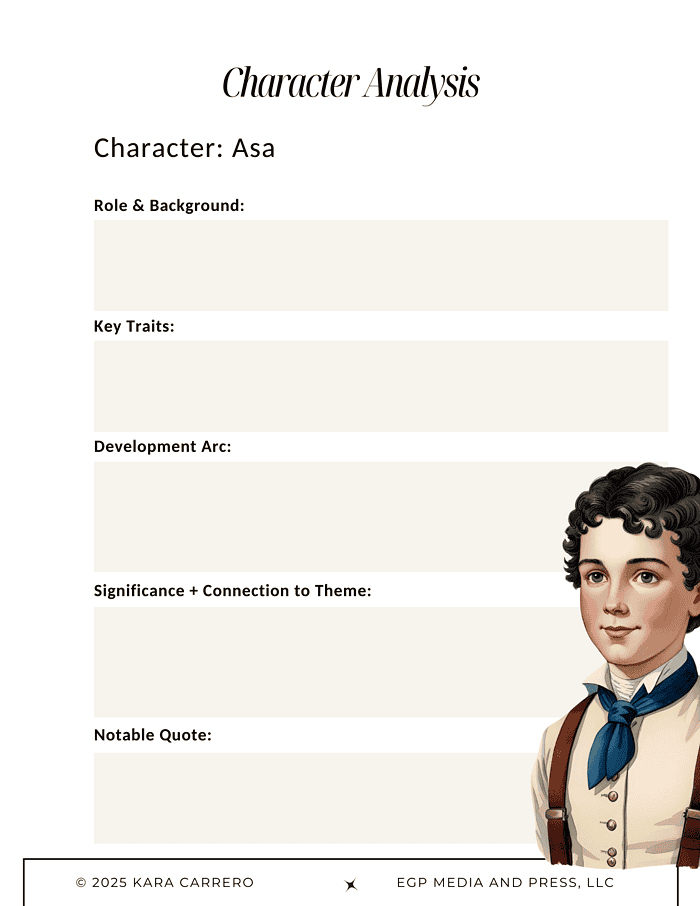 A-gathering-of-days-.zip-19.png Asa character analysis educational worksheet for homeschool resources, focusing on character traits, development, and theme analysis for literature studies in homeschool curriculum.