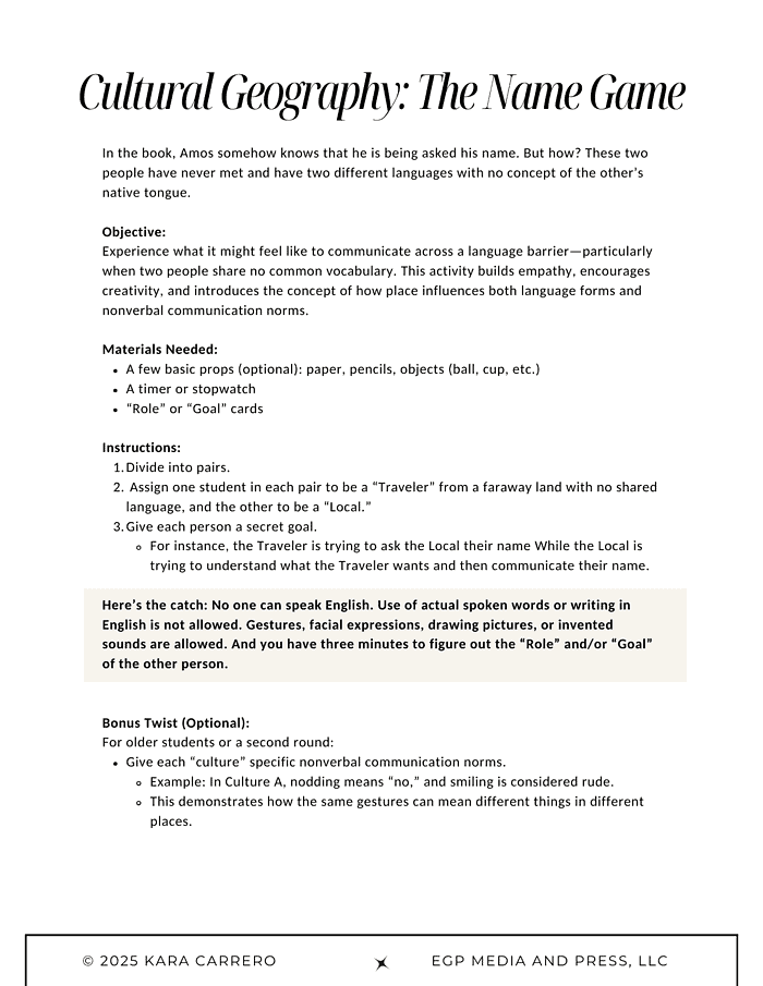 Amos-Fortune-Free-Man.zip-14.png Travel and language learning activity for homeschool families, focusing on cultural geography, nonverbal communication, role-play, and expressive gestures for children learning about diverse cultures.