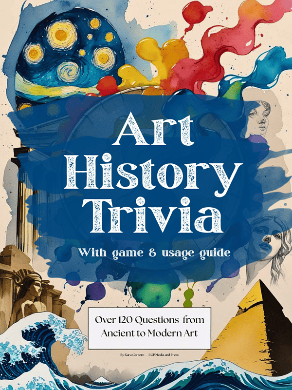 Art-History-Trivia.png Art history trivia game and usage guide for homeschooling, featuring questions on ancient to modern art styles, including famous artworks like the Great Pyramid and iconic sculptures, perfect for educational fun.