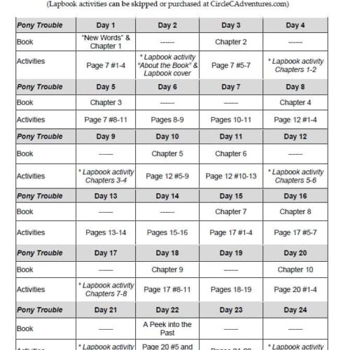 1. Homeschool resource planning chart for Book 1 "Andi's Pony Trouble" featuring daily activities, lapbook activities, and chapter schedules.