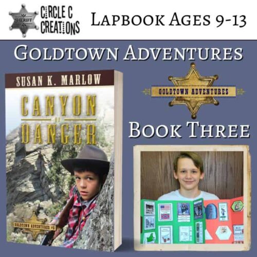Ages 9-13 homeschool resource showcasing Goldtown Adventures book trilogy with a young student holding a colorful project, emphasizing engaging homeschool curricula, literacy, and educational activities for middle school students.