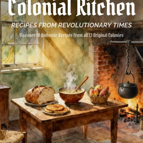 1. Vintage colonial kitchen with rustic wooden table, fresh baked bread, steaming soup, and vintage cookware, perfect for homeschool history and traditional cooking lessons.
