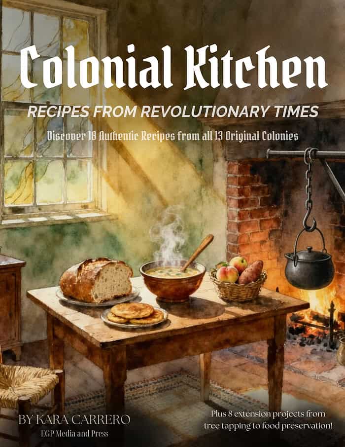 1. Vintage colonial kitchen with rustic wooden table, fresh baked bread, steaming soup, and vintage cookware, perfect for homeschool history and traditional cooking lessons.