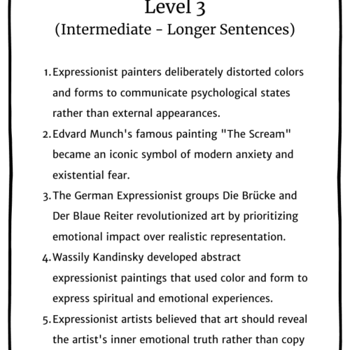 Vivid Level 3 art analysis worksheet focusing on expressive, emotional visual arts for homeschool education, ideal for intermediate art students.