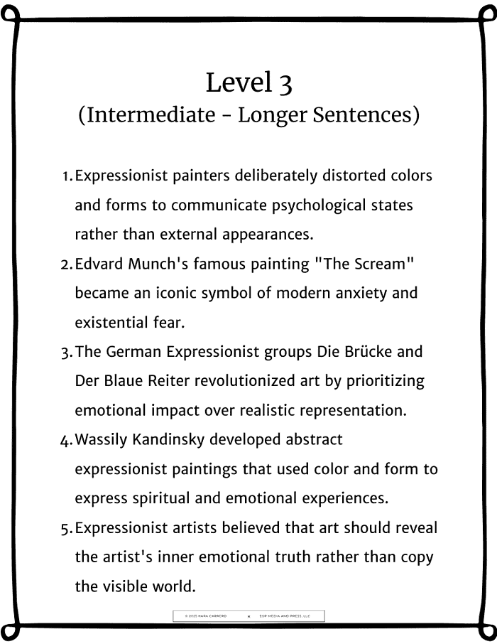 Expressionist-Art-2.png Vivid Level 3 art analysis worksheet focusing on expressive, emotional visual arts for homeschool education, ideal for intermediate art students.