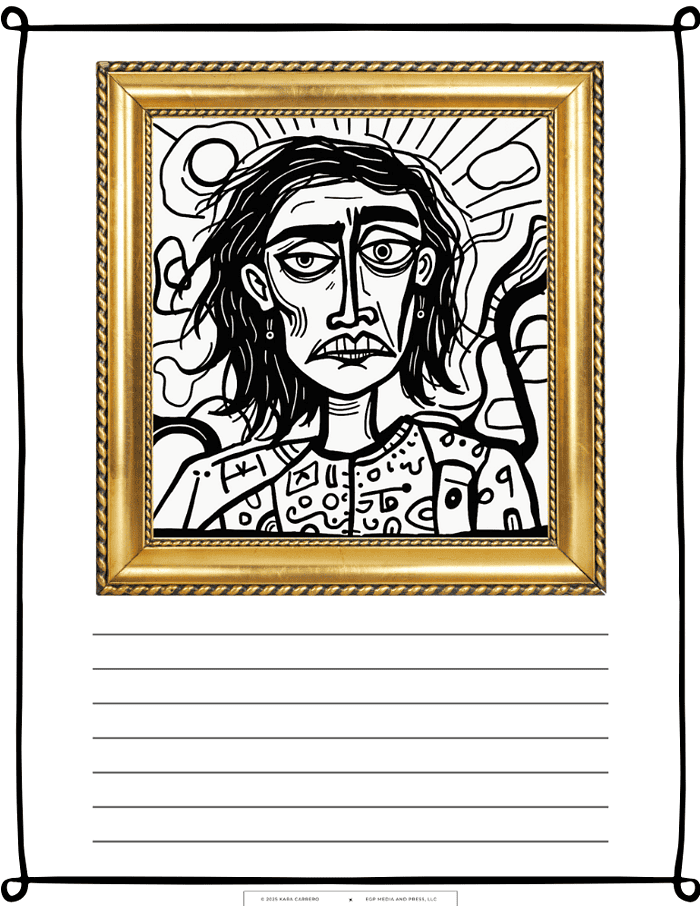 Expressionist-Art-3.png 1. Black and white abstract portrait of a distressed woman in a gold frame, suitable for homeschool art projects or educational resources.