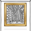 Expressionist-Art-4.png A black and white urban cityscape of tall buildings with swirling sky, framed in a gold ornate picture frame, perfect for homeschool art and geography lessons.