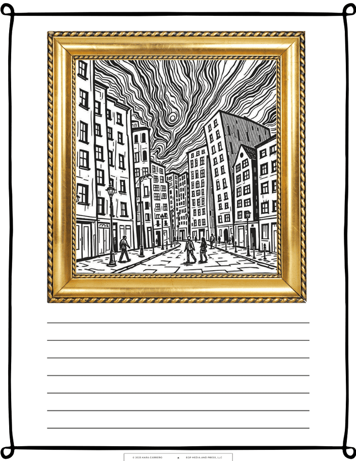 Expressionist-Art-4.png A black and white urban cityscape of tall buildings with swirling sky, framed in a gold ornate picture frame, perfect for homeschool art and geography lessons.