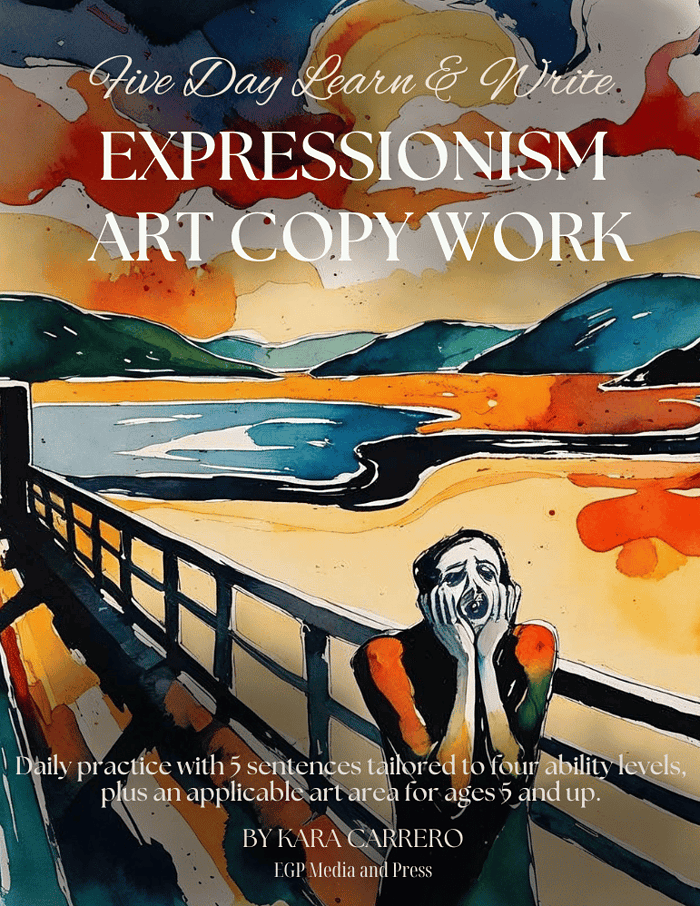 Expressionist-Art.png Five Day Learn & Write Expressionism Art Copy Work with colorful landscape, emotional figure, and engaging educational content for homeschool art lessons and literacy development.