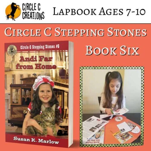 A colorful homeschool resource cover featuring a young girl with long brown hair working on school activities at a desk alongside an image of a girl in a chef's hat holding a cat, promoting Circle C Stepping Stones Book Six for ages 7-10.