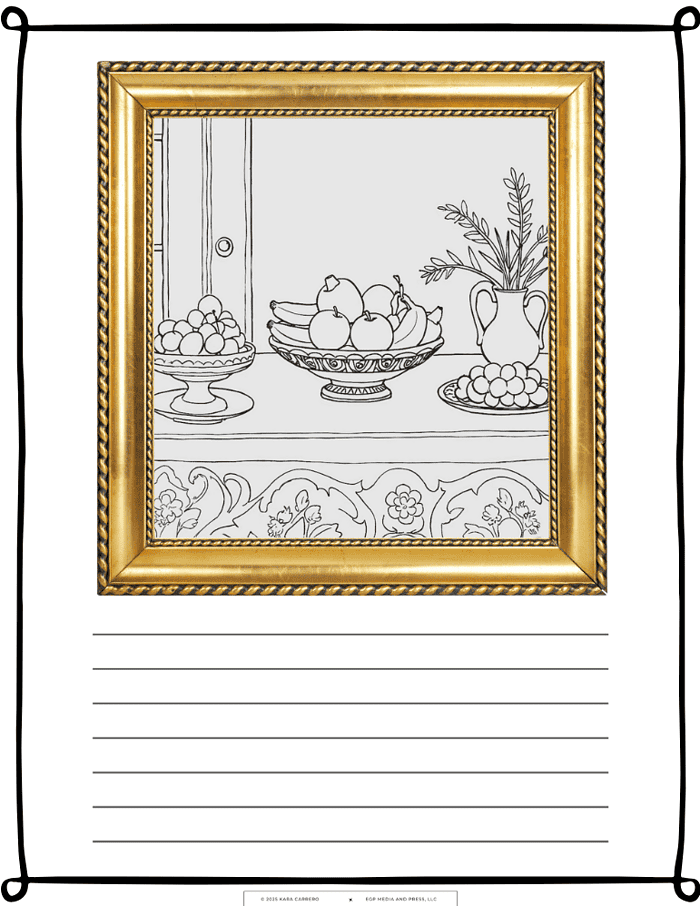 Fauvism-Art-3.png A framed still life coloring page featuring fruit bowls, a vase with plants, and intricate table patterns, ideal for homeschooling art and activity resources.