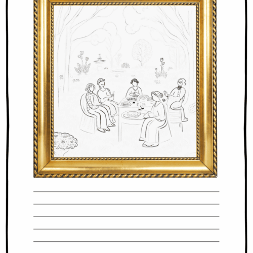 A group of women enjoying a tea party outdoors in a peaceful garden setting, illustrated in black and white with a detailed gold frame, perfect for homeschooling art and activity resources.