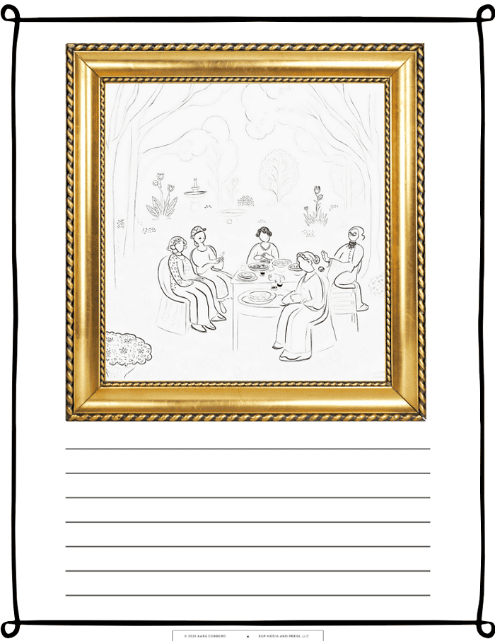 Fauvism-Art-4.png A group of women enjoying a tea party outdoors in a peaceful garden setting, illustrated in black and white with a detailed gold frame, perfect for homeschooling art and activity resources.