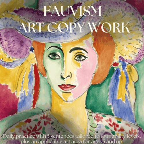 Colorful Fauvism art copy work for homeschool art curriculum, featuring a vibrant portrait of a woman in bold watercolor. Ideal for homeschooling art resources, lesson plans, and creative learning activities.