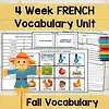 French Fall Autumn Vocabulary A colorful homeschool worksheet for 4-week French vocabulary lessons focused on fall words, featuring images, flashcards, and activities designed for homeschooling families and language learners.