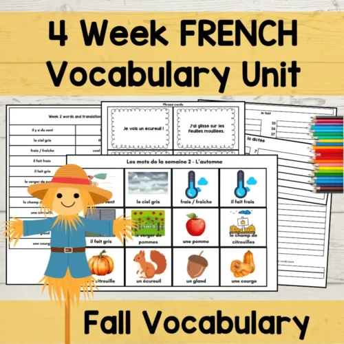 A colorful homeschool worksheet for 4-week French vocabulary lessons focused on fall words, featuring images, flashcards, and activities designed for homeschooling families and language learners.