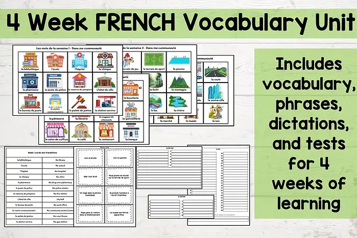 1. French vocabulary unit for homeschool, includes phrases, dictations, and tests for 4 weeks of learning, ideal for homeschool resources and language education.