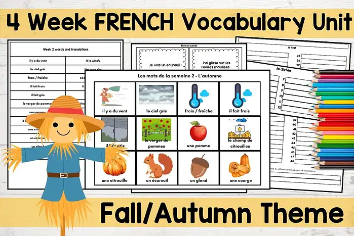 French fall vocabulary Colorful French vocabulary flashcards and worksheets for homeschool fall/autumn units, perfect for enriching language learning and engaging students in themed educational activities.