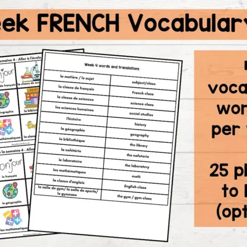 Bonjour, French class, science class, social studies, history, geography, library, cafeteria, laboratory, math, English class, gym class, 12 essential French vocabulary words for homeschool language learning.