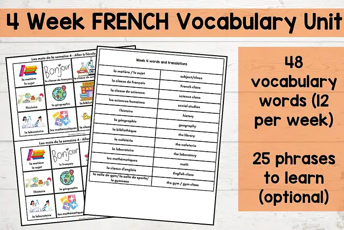 French school Bonjour, French class, science class, social studies, history, geography, library, cafeteria, laboratory, math, English class, gym class, 12 essential French vocabulary words for homeschool language learning.