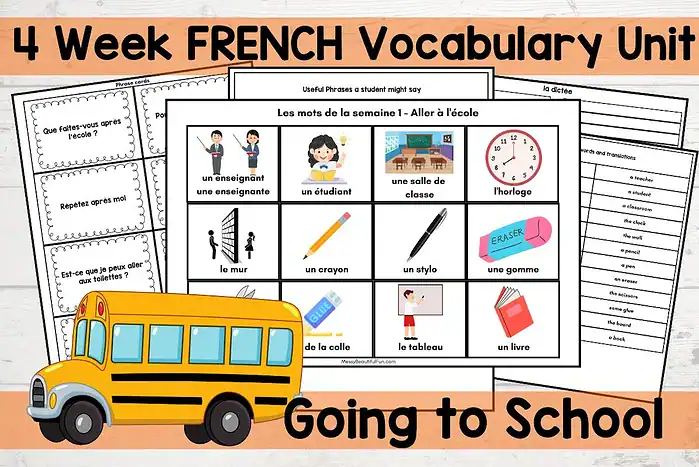 French school vocab 1. French vocabulary unit for homeschoolers including school-related words like classroom, teacher, pencil, eraser, clock, and book for effective bilingual learning.