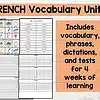 French school words 1. French vocabulary unit for homeschooling, includes flashcards, phrases, tests, and dictations for 4 weeks of French language learning resources.