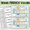 French spring vocabulary 1. French vocabulary unit for homeschooling, includes 48 essential words with images, phrases, and optional sentences to enhance bilingual learning for children.
